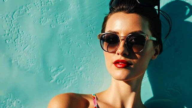 Modebewusste Frau mit Sonnenbrille vor t&uuml;rkisfarbenem Hintergrund