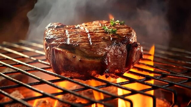 Saftiges Steak brutzelt auf hei&szlig;em Grill mit Flammen