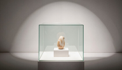 Elegant object illuminated in minimalist glass display case, modern artistry