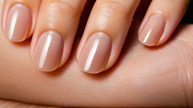 Natural nude nail polish for elegant hands, showcasing manicure and nail care techniques.