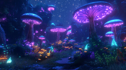 Night fantasy alien plant magic game background. Fantastic space planet scene with mushroom, flower and psychedelic extraterrestrial nature from another world. Futuristic fairy park location to play