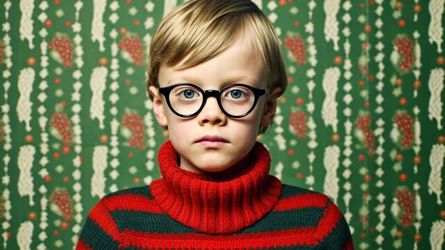 Junge mit Brille und Pullover vor festlichem Weihnachtsmuster