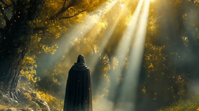Geheimnisvolle Gestalt im Wald mit magischem Lichtschein