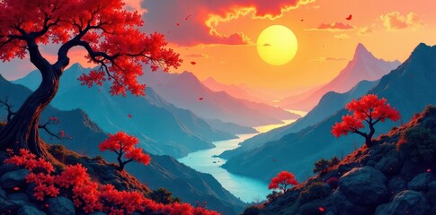 Vivid Asian landscape, fractured Cubist style, radiating energy , background, stock