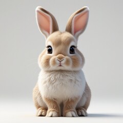 Obraz premium The digital illustration features a fluffy baby rabbit with soft brown and white fur, large glossy eyes, pointed ears, and pink inner side, surrounded by a plain white background.