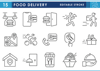 A set of line icons related to Food Delivery. Food, hotel, location, home, burger, deliver, and so on. Vector editable stroke.