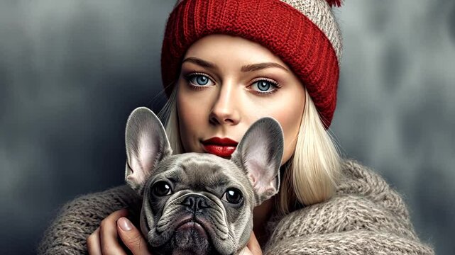 Junge Frau mit Winterm&uuml;tze und ihrem s&uuml;&szlig;en kleinen Hund im Arm