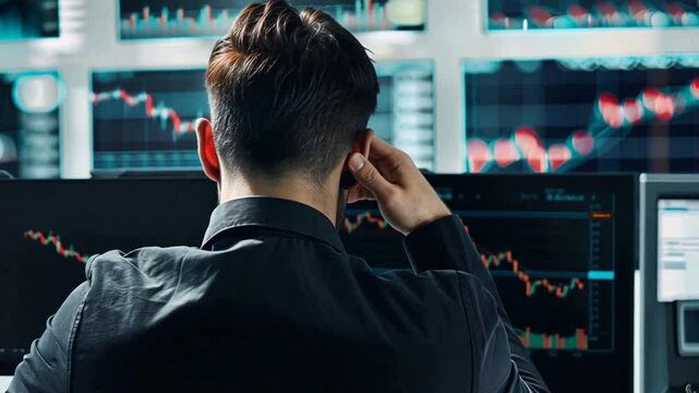 Gesch&auml;ftsmann analysiert Finanzdaten auf mehreren Monitoren