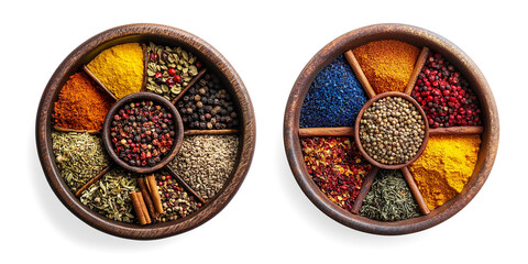 Assorted Spices in a Wooden Tray isolated on a Transparent Background