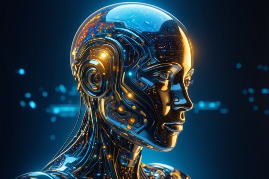 a close up of a robot ' s head with glowing eyes