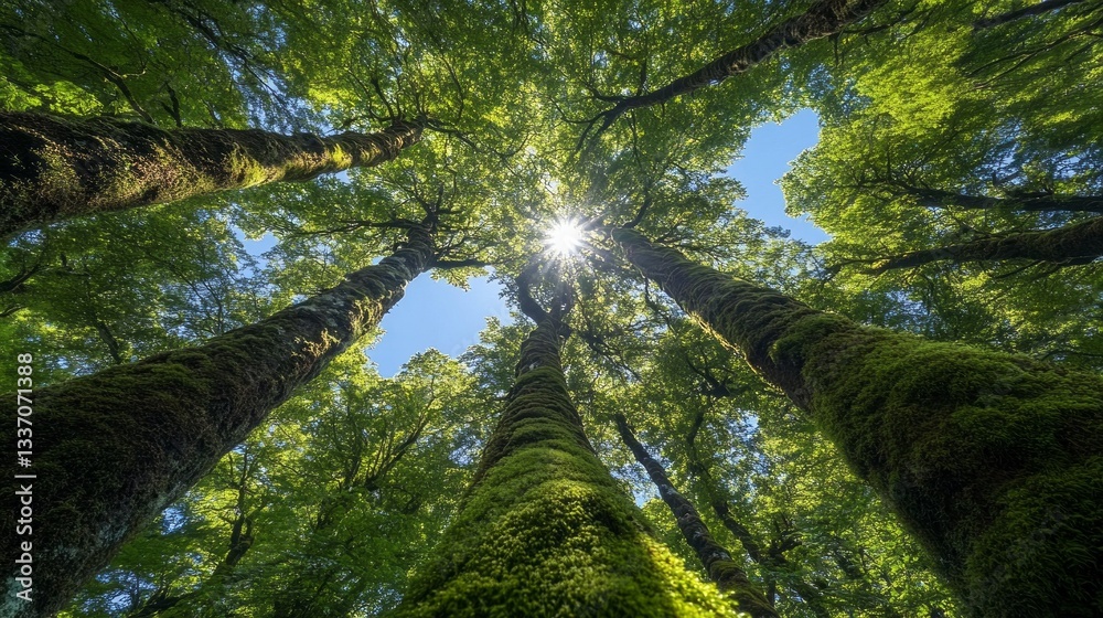 Poster towering trees blanketed in vibrant green moss stretch skyward, their branches filtering sunlight th