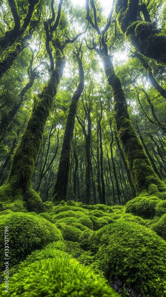 Poster tall, majestic trees are enveloped in dense, vibrant moss, creating a serene atmosphere. sunlight fi