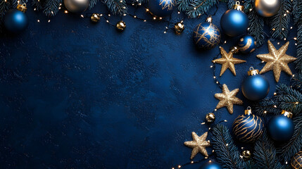 Elegant Blue and Gold Christmas Flat Lay with Pine Branches and Ornaments – Festive Holiday Background with Copy Space

