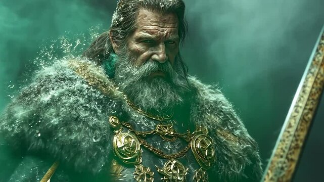 M&auml;chtiger K&ouml;nig mit Pelzumhang und Krone in epischer Szene