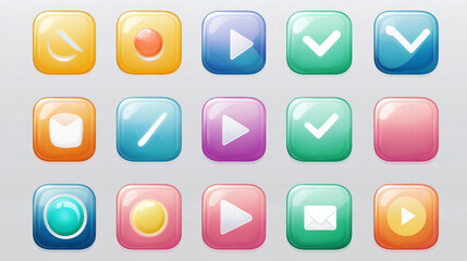 Web circle buttons with symbols of home, search, play, mail, arrows, sound, check and cross mark. Vector cartoon set of game ui elements, color glossy icons isolated on background