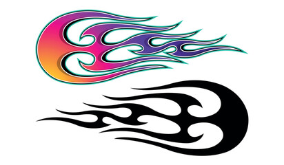 Fototapeta premium Burning tires and flame sports car decal vinyl sticker. Racing car speed fire flames vector art graphic. Side decoration for car, auto, truck, boat, suv, motorcycle.