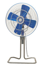 Obraz premium Front view of industrial electric fan with blue blades and sturdy base for efficient air circulation