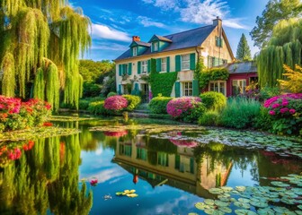 Obraz premium Giverny French Garden House Exterior, Impressionist Style Architecture, Normandy Rural Home