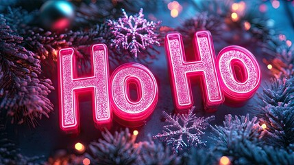 A glowing "Ho Ho Ho" neon sign with sparkling snowflakes.
