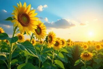 Fototapeta premium Sunflowers stretching towards sun, green stalks, agriculture, yellow, pretty