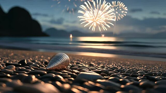 A July 4th fireworks shell on a rocky shore under the moonlight