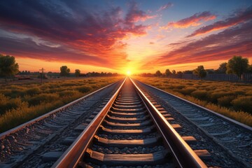 Fototapeta premium arafed view of a train track with a sunset in the background