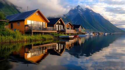Naklejka premium A small fishing village in Alaska, surrounded by towering mountains