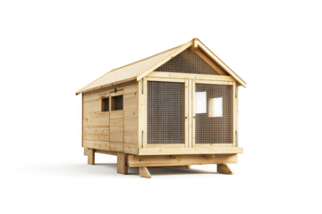a wooden chicken coop with a white background cutout image and isolated on transparent background 