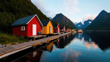 Fototapeta premium A small fishing village in Alaska, surrounded by towering mountains