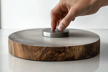 Obraz premium A hand gently places a metallic disc onto a rustic wooden and concrete base.