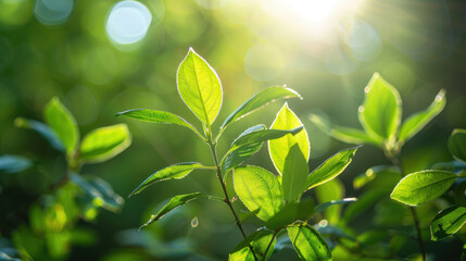 Obraz premium Fresh green leaves glistening in sunlight, creating serene atmosphere