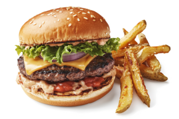 a hamburger with a cheese and lete on it cutout image and isolated on transparent background 