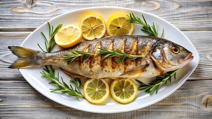 Top-Down View of Whole Grilled Fish with Lemon Slices on White Plate