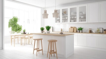 Fototapeta premium Bright Scandinavian Kitchen Design with Island and Dining Area