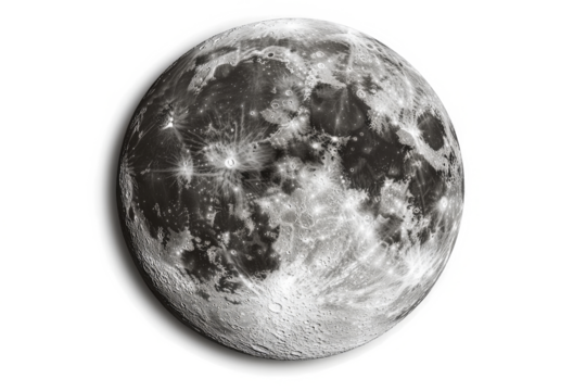 a black and white photo of the moon cutout image and isolated on transparent background 