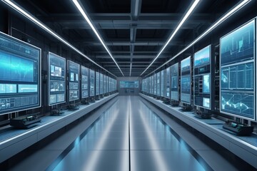 Fototapeta premium arafed view of a long hallway with multiple monitors and a row of benches