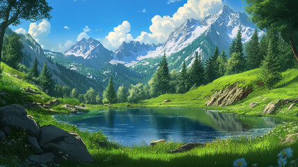 Fototapeta premium Cartoon landscape with stream flow into mountain lake under tree trunks and green grassy shores. Wild nature background, beautiful scenery view, summer or spring wood with plants, Vector illustration