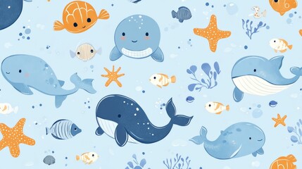 Fototapeta premium Seamless pattern with cute whales, fish, and starfish swimming in the ocean, perfect for children's products or any project related to marine life