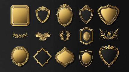 Golden award badges, game avatar decorative frames isolated on background. Vector cartoon set of empty labels with golden borders different shapes, winner emblems