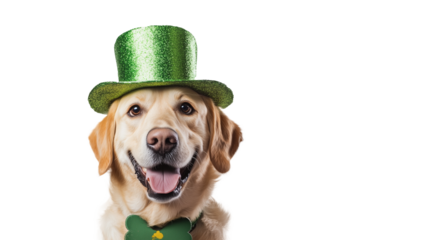 A happy, cute dog wearing a green leprechaun hat on a transparent background. Festive St. Patrick's Day theme with a charming and playful expression