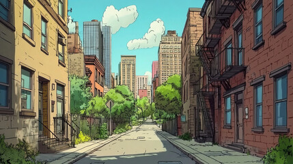 Obraz premium Summer city landscape with alleyway, road, park and skyscrapers on horizon. Cityscape with empty back street lane, vector cartoon parallax background ready for 2d animation