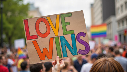 Joyful celebration of love at pride parade, promoting acceptance