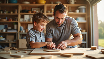Father teaching son woodworking in garage, bonding through skills