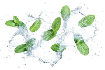 mint water splash with mint leaves isolated on white background cutout image and isolated on transparent background 