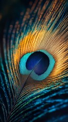 Obraz premium Peacock feather with golden highlights and soft curves, showcasing iridescent textures, exotic charm, and delicate beauty, perfect for visual storytelling, digital book illustration