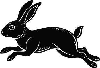 black silhouette of a rabbit, jumping rabbit vector illustration on white background.
