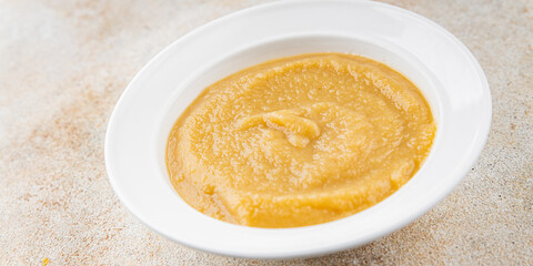 Puree apple fruit natural ingredients tasty fresh gourmet food background table rustic food top view copy space keto and paleo diet vegetarian and vegan food