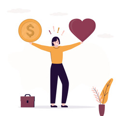 Work-life balance. Businesswoman holding dollar coin and heart on hands. Concept of harmony and wellbeing, comparison career and relax lifestyle.