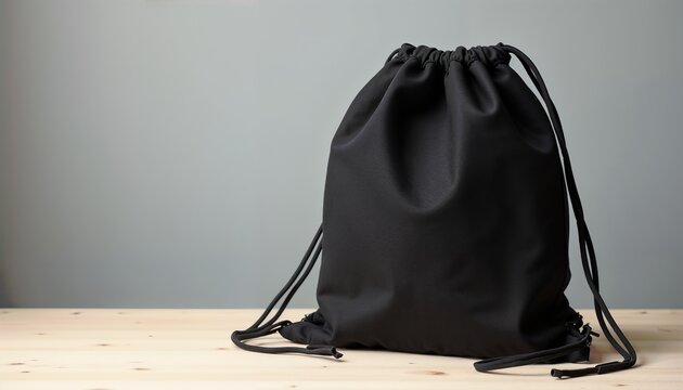 Stylish black drawstring bag on a wooden table, minimalistic design for everyday use, copy space
