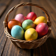 A wicker basket filled with colorful Easter eggs, placed on a rustic wooden table, surrounded by green leaves. Festive holiday celebration concept